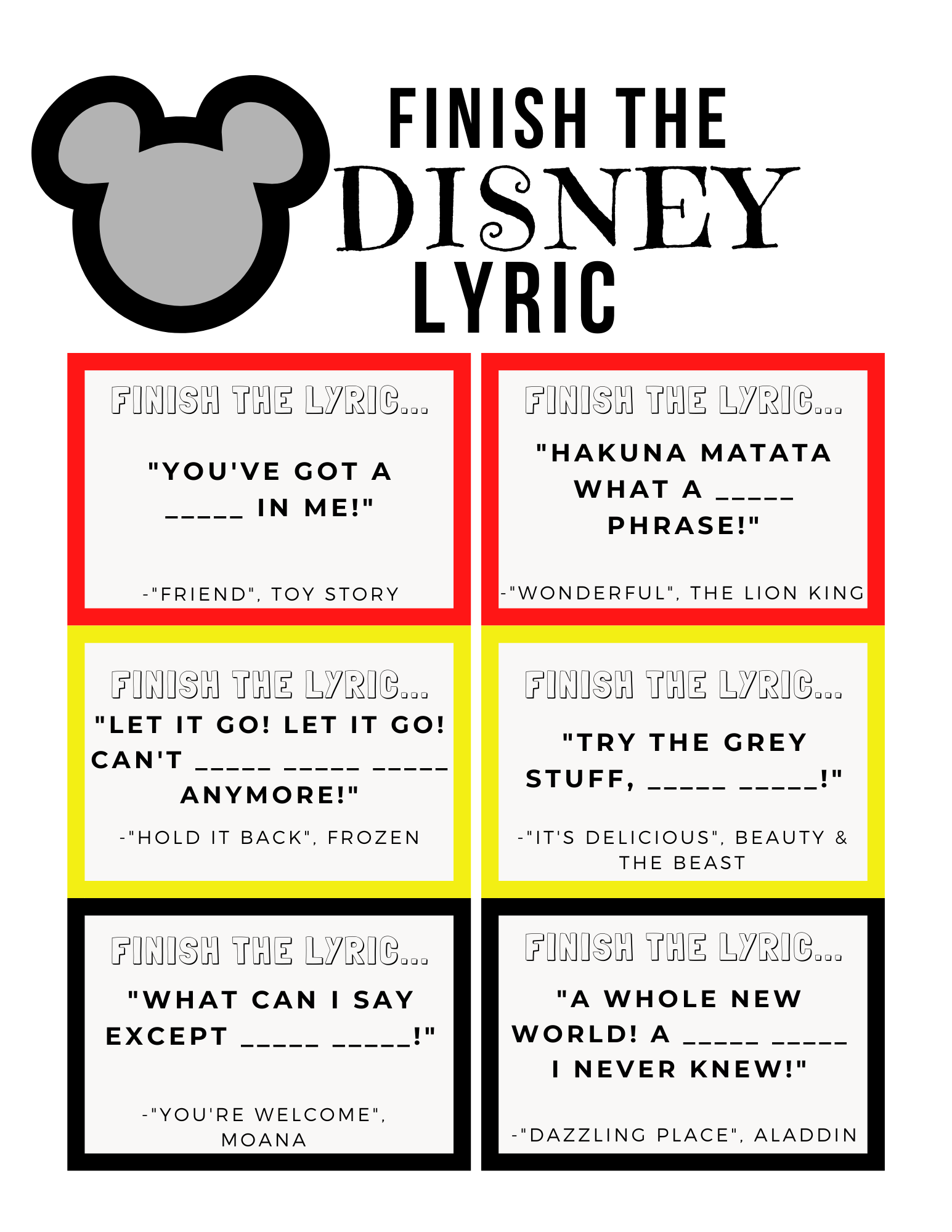 Finish the Lyrics Game Disney Edition featured by top US Disney blogger, Marcie and the Mouse.